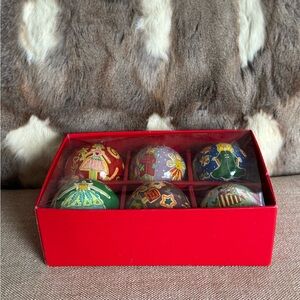 6 Whimsical Wooden Christmas Ball Design Hanging Ornaments Set FUN
